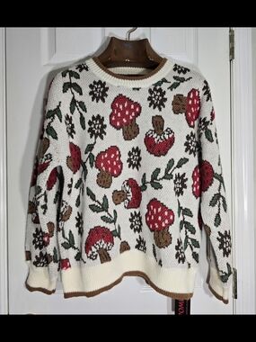 ROMWE Cream Knit Crewneck Sweater with Mushroom Motif Cottagecore, Fairycore